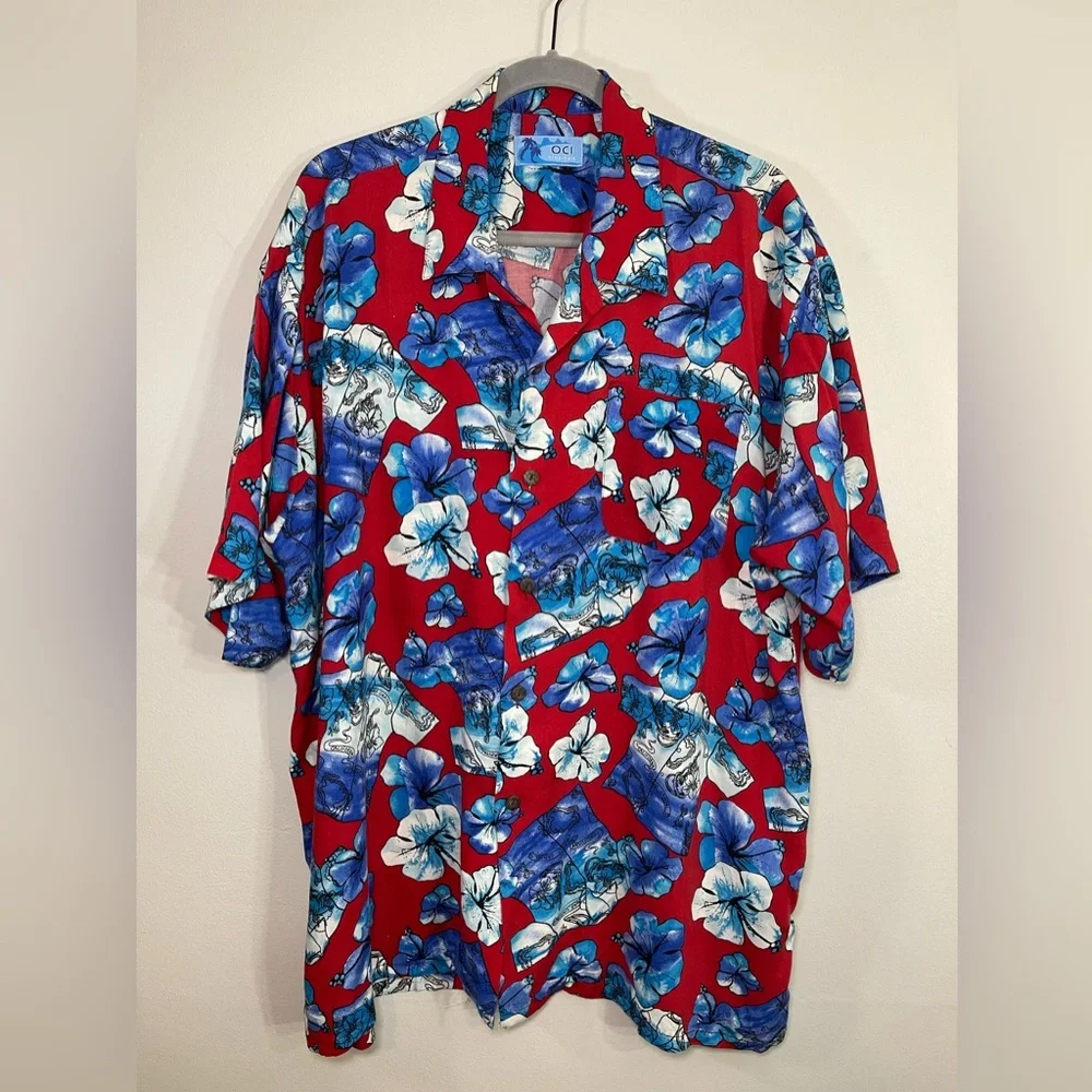 5 for 25 OCI Tropicals Men’s Red Floral hibiscus Short Sleeved Hawaiian Shirt Xl